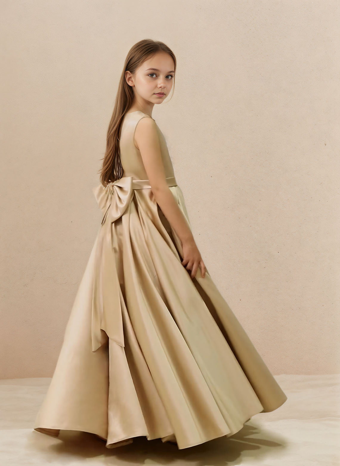 Floryme A-line Scoop Satin Floor-Length Flower Girl Dress With Bow