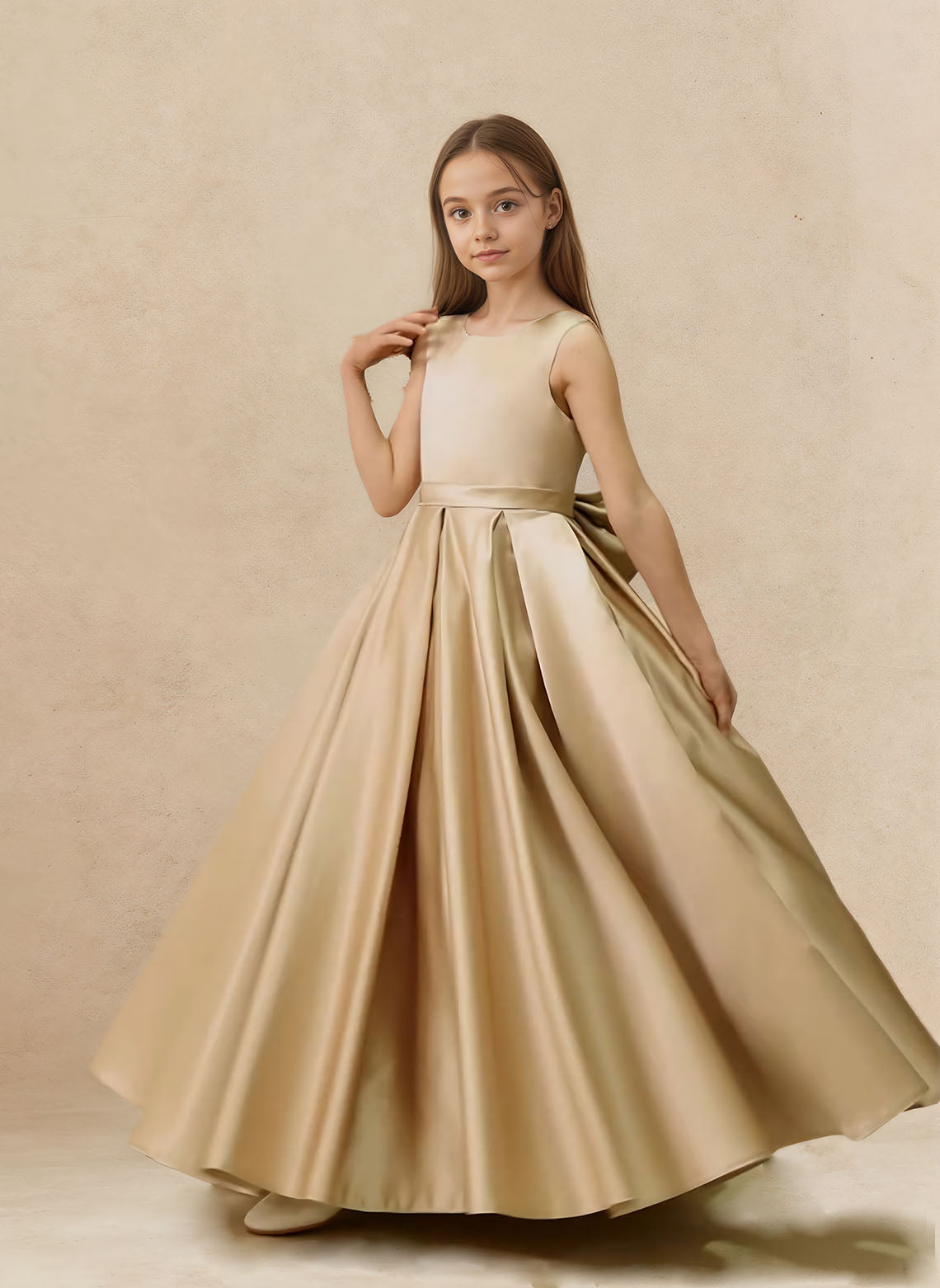 Floryme A-line Scoop Satin Floor-Length Flower Girl Dress With Bow