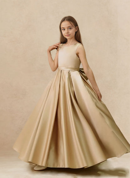 Floryme A-line Scoop Satin Floor-Length Flower Girl Dress With Bow