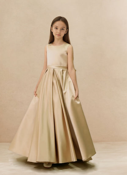 Floryme A-line Scoop Satin Floor-Length Flower Girl Dress With Bow