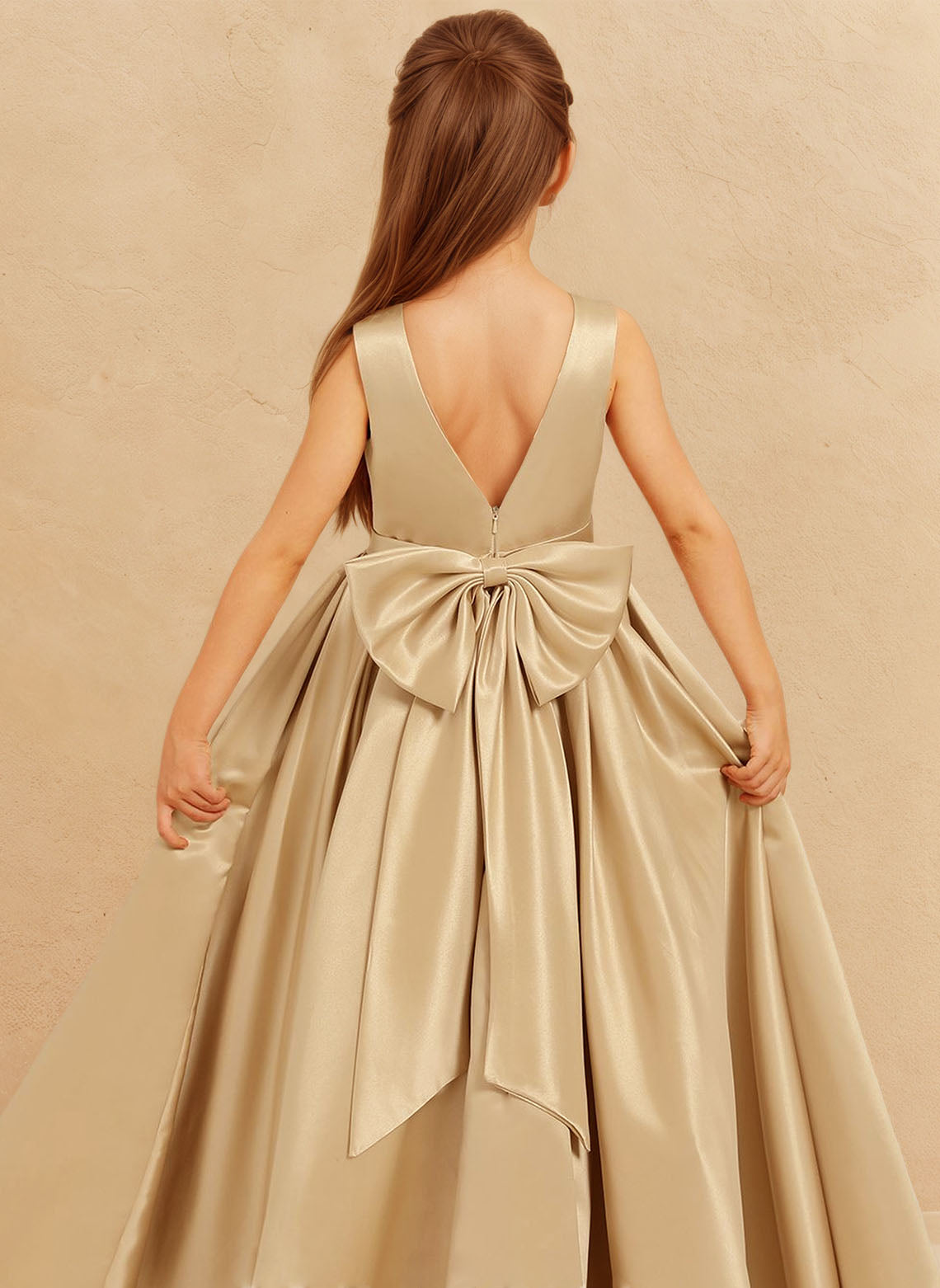 Floryme A-line Scoop Satin Floor-Length Flower Girl Dress With Bow