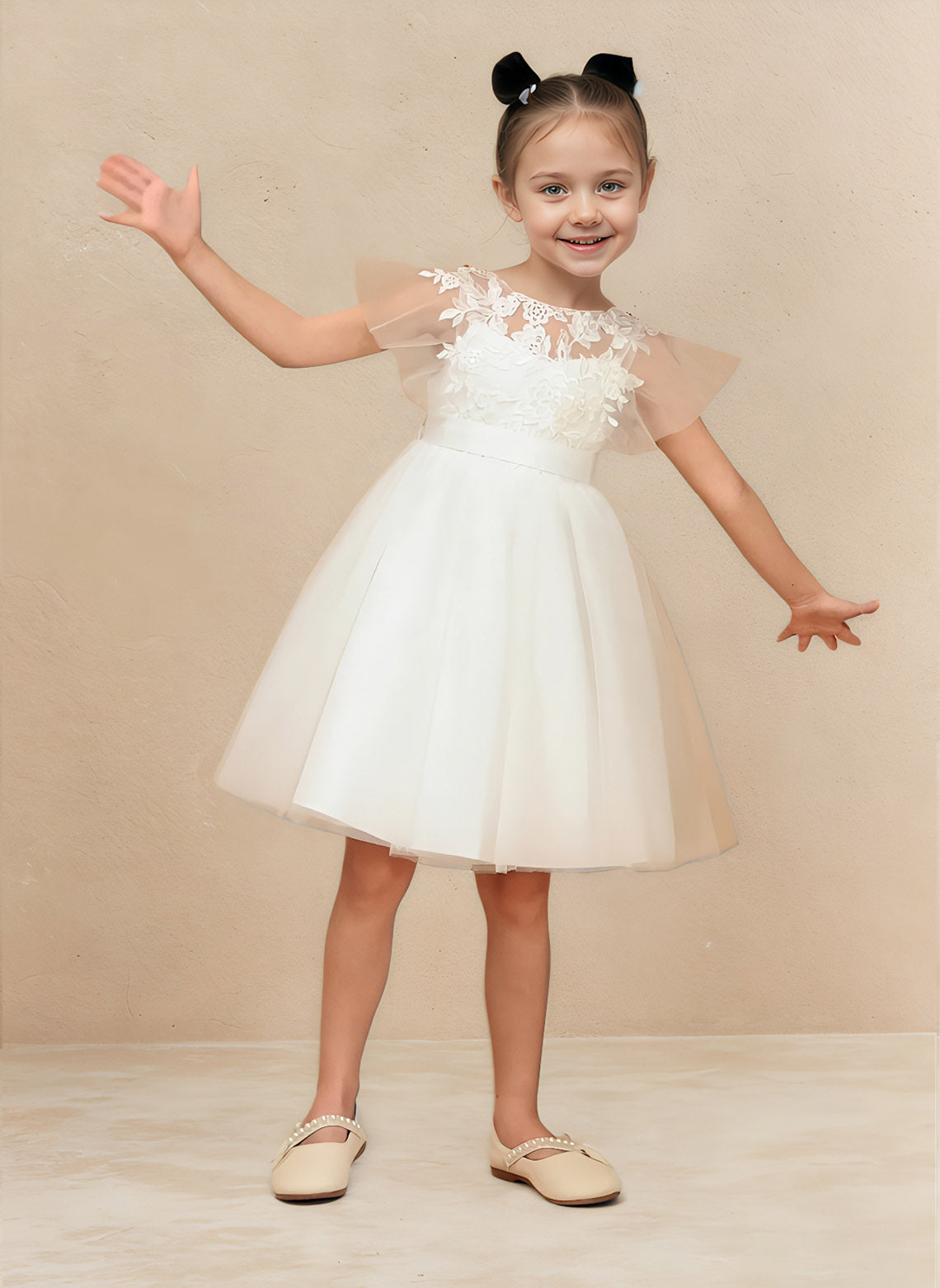 Floryme A-line Scoop Tulle Lace Knee-Length Flower Girl Dress With Sash