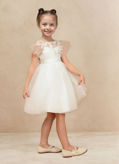 Floryme A-line Scoop Tulle Lace Knee-Length Flower Girl Dress With Sash