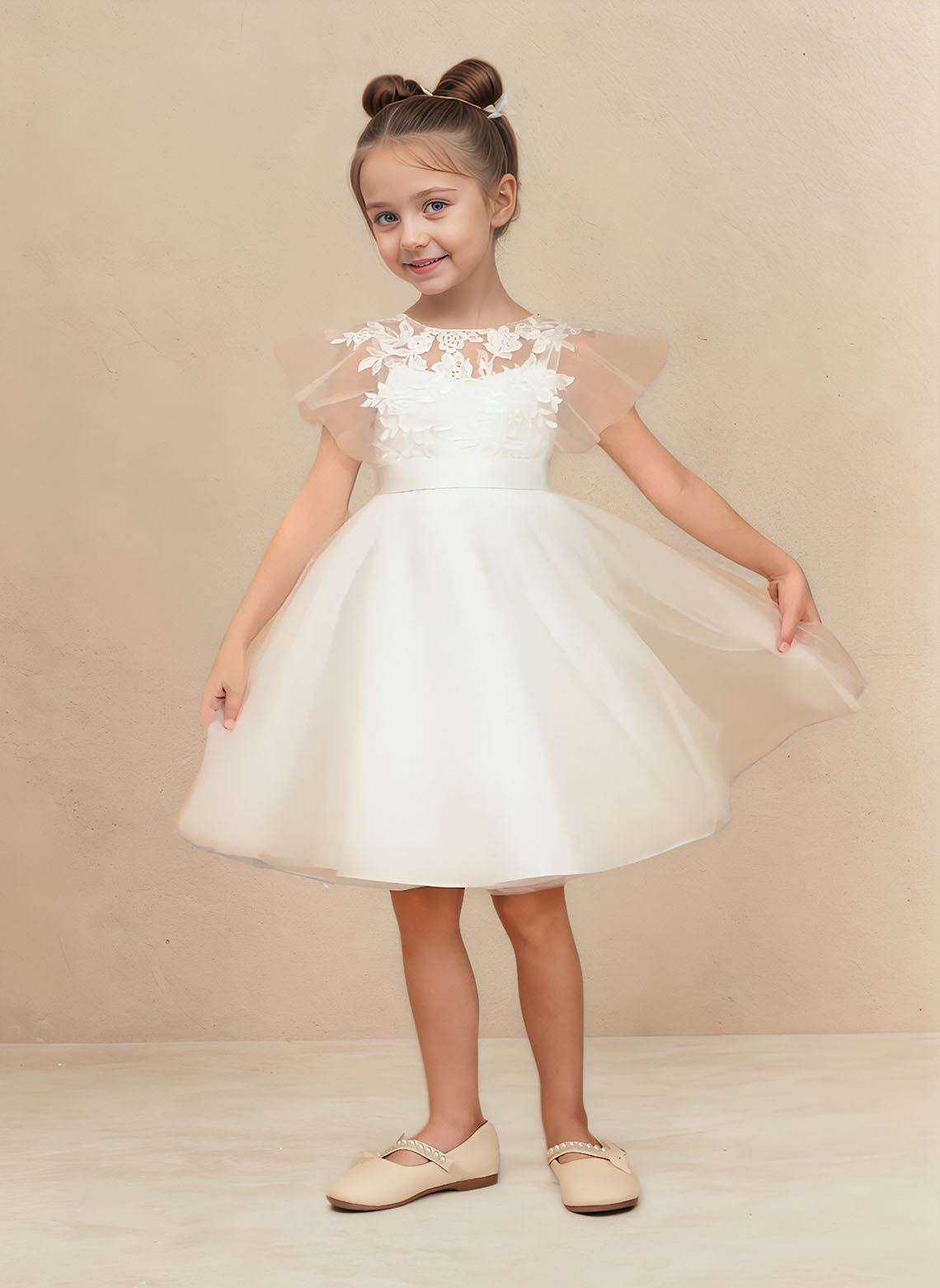 Floryme A-line Scoop Tulle Lace Knee-Length Flower Girl Dress With Sash