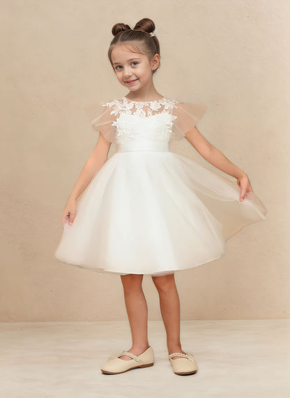 Floryme A-line Scoop Tulle Lace Knee-Length Flower Girl Dress With Sash