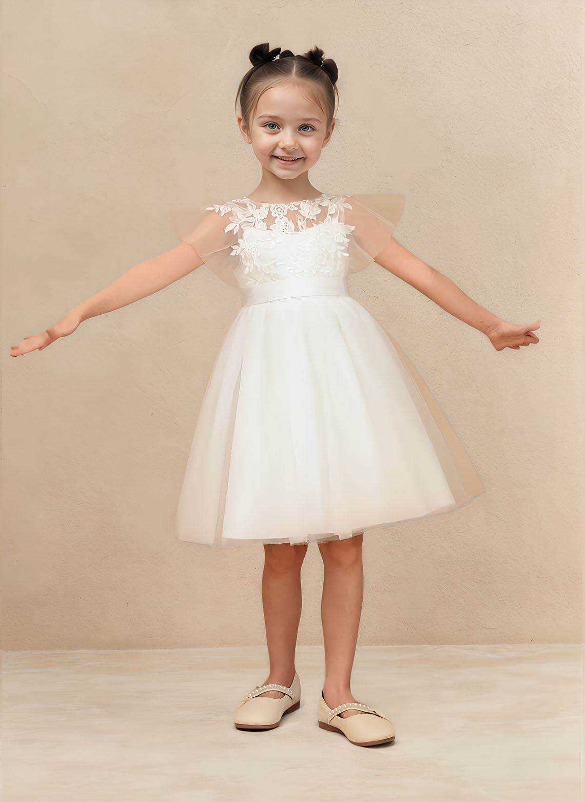 Floryme A-line Scoop Tulle Lace Knee-Length Flower Girl Dress With Sash