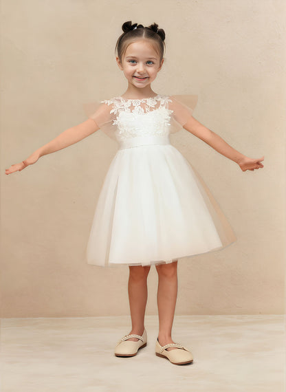 Floryme A-line Scoop Tulle Lace Knee-Length Flower Girl Dress With Sash