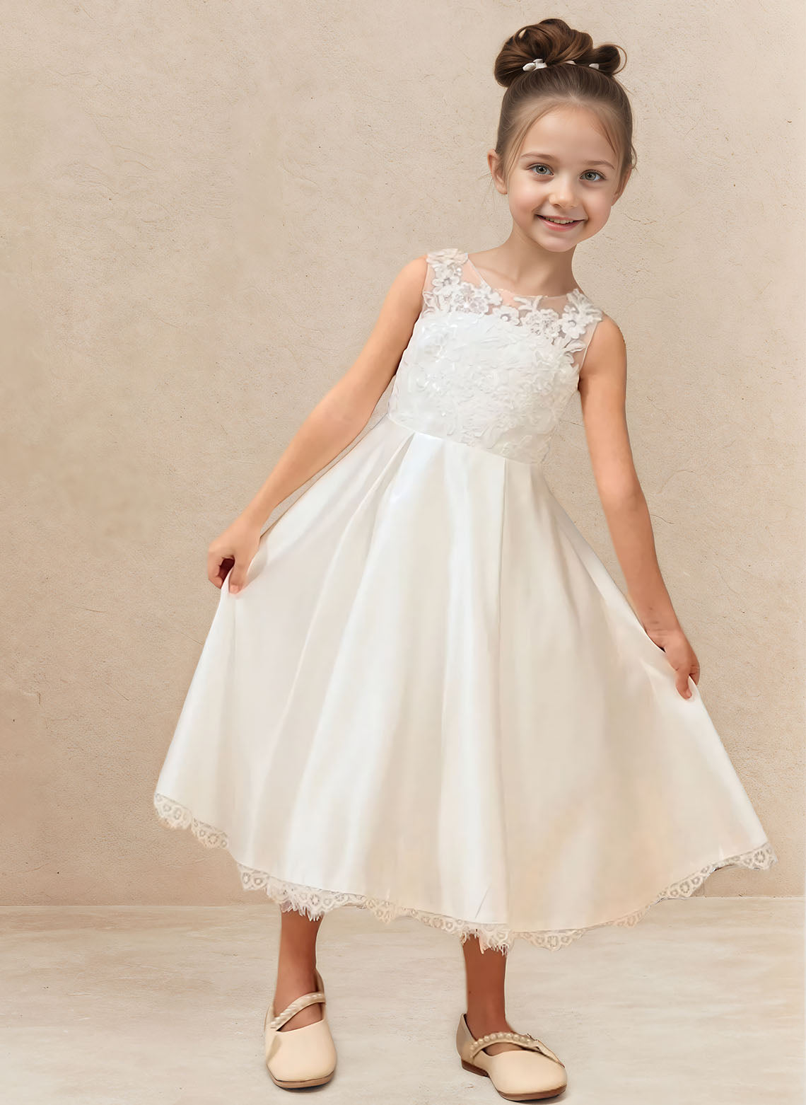 Floryme A-line Scoop Tulle Lace Tea-Length Flower Girl Dress