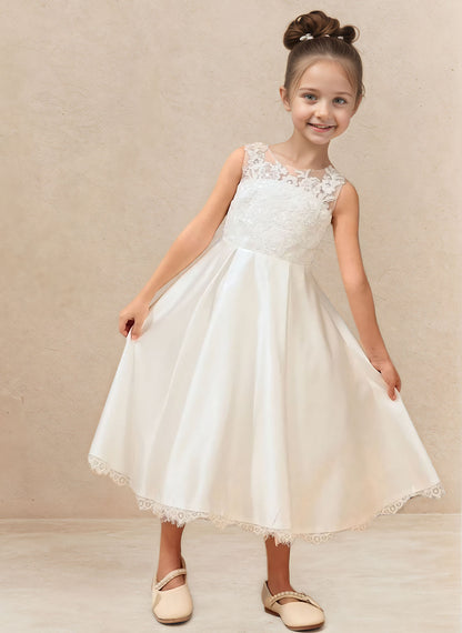 Floryme A-line Scoop Tulle Lace Tea-Length Flower Girl Dress
