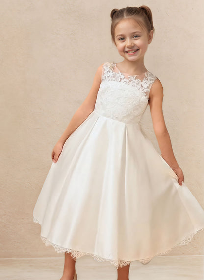 Floryme A-line Scoop Tulle Lace Tea-Length Flower Girl Dress