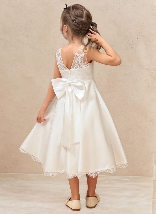 Floryme A-line Scoop Tulle Lace Tea-Length Flower Girl Dress