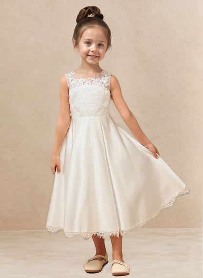 Floryme A-line Scoop Tulle Lace Tea-Length Flower Girl Dress