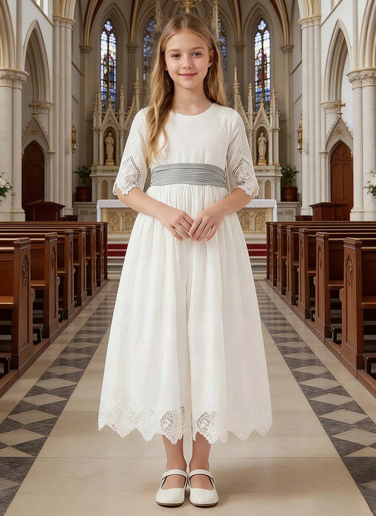 Floryme Vintage Lace Tea Length Communion Dress, Junior Bridesmaid Dress & Garden Party Gown