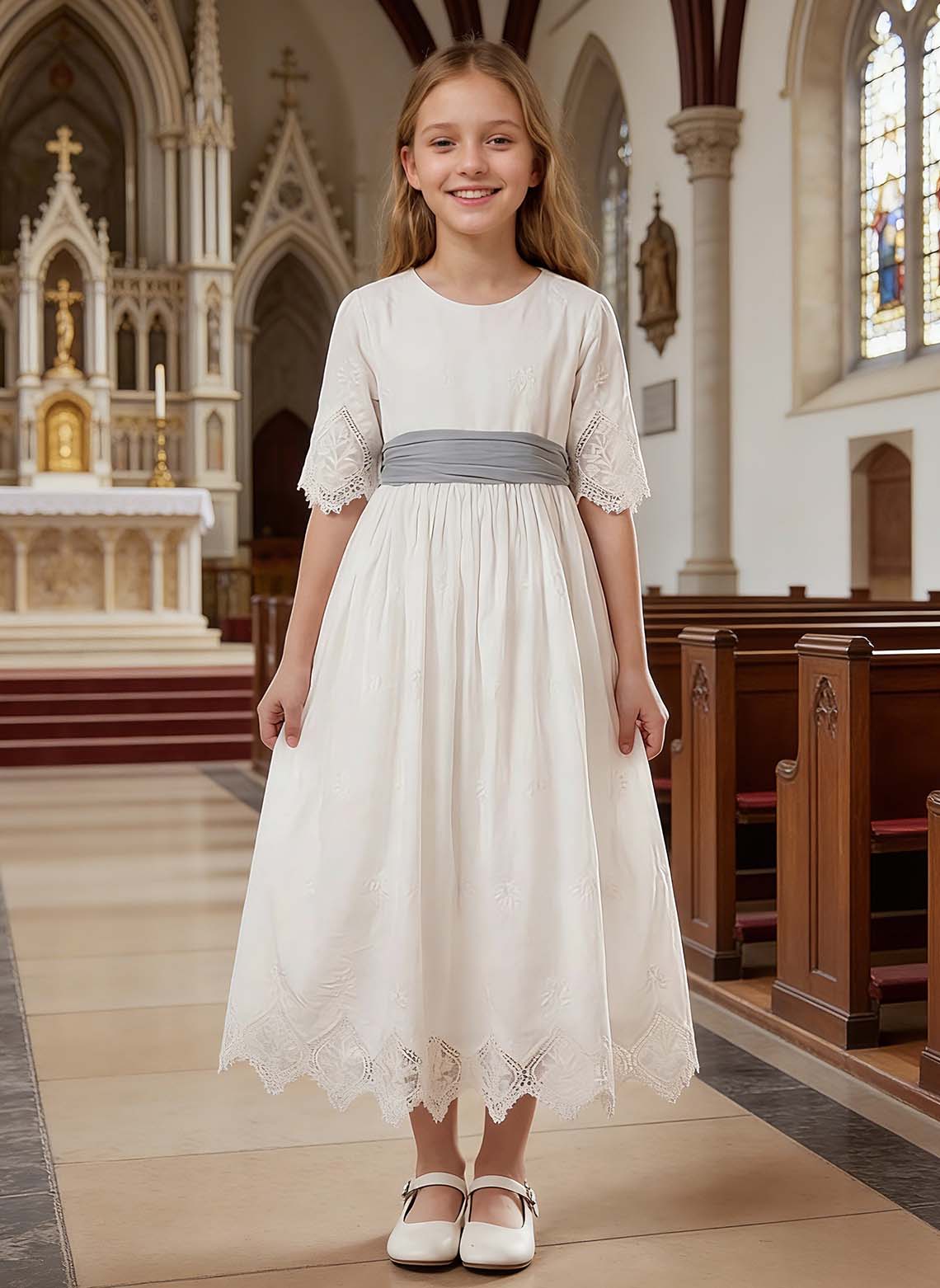 Floryme Vintage Lace Tea Length Communion Dress, Junior Bridesmaid Dress & Garden Party Gown