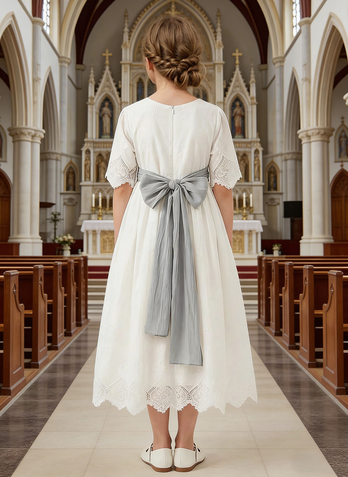 Floryme Vintage Lace Tea Length Communion Dress, Junior Bridesmaid Dress & Garden Party Gown