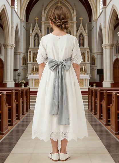 Floryme Vintage Lace Tea Length Communion Dress, Junior Bridesmaid Dress & Garden Party Gown