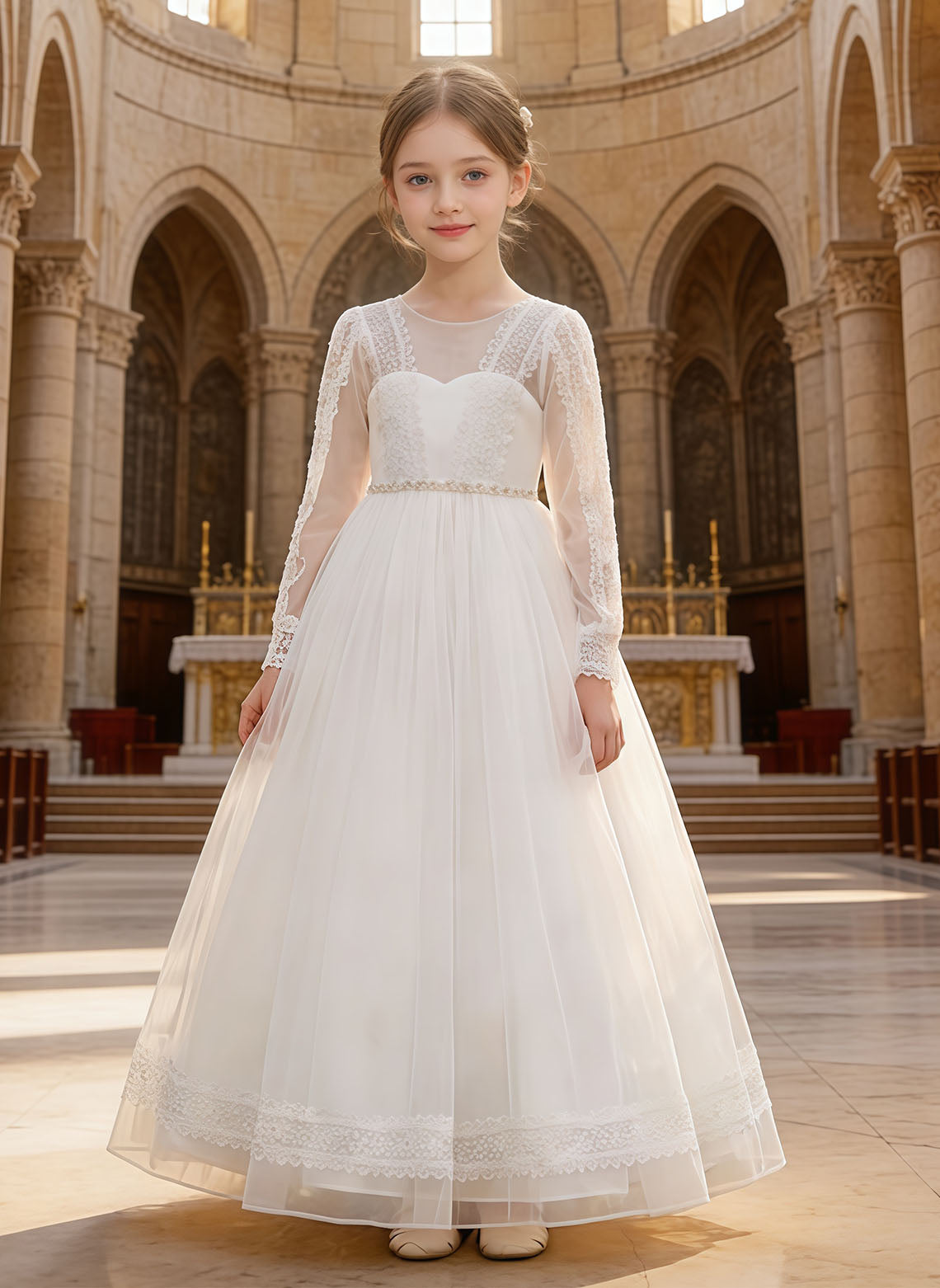 Floryme Lace Tulle Flower Girl Dress, First Communion & Wedding Gown