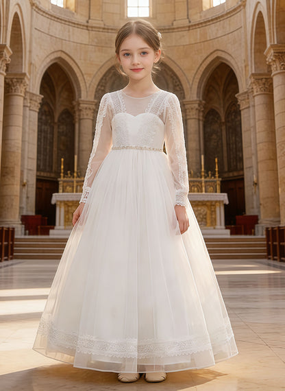 Floryme Lace Tulle Flower Girl Dress, First Communion & Wedding Gown
