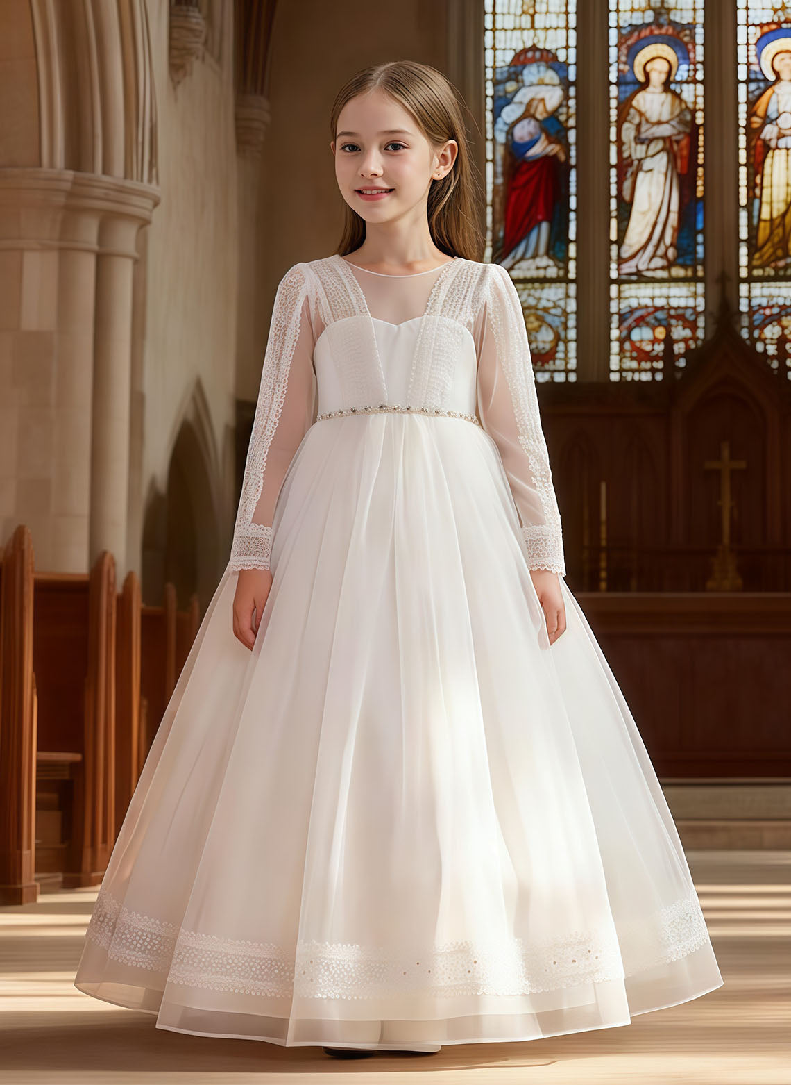Floryme Lace Tulle Flower Girl Dress, First Communion & Wedding Gown