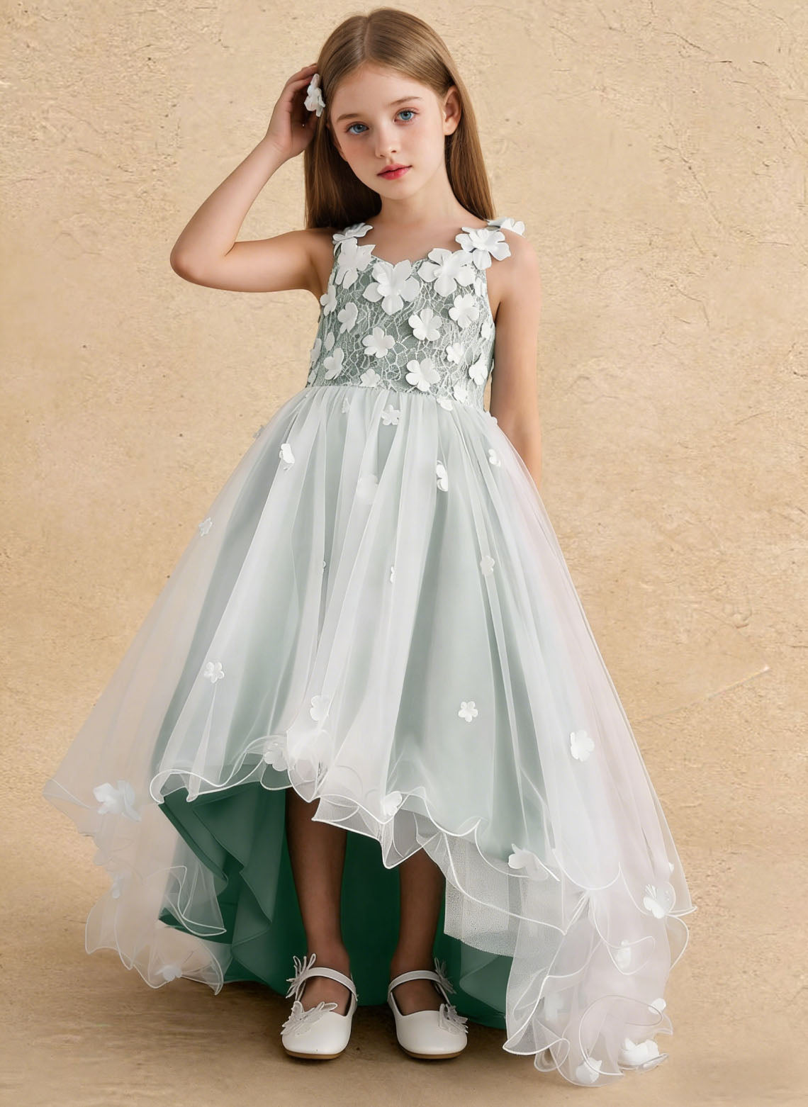 Floryme Satin Tulle Asymmetrical Flower Girl Dress With Bow