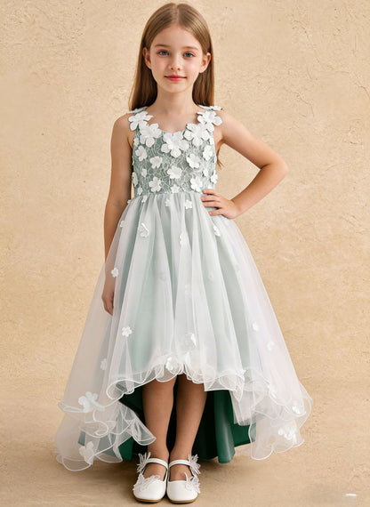 Floryme Satin Tulle Asymmetrical Flower Girl Dress With Bow