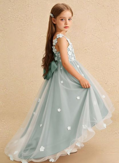 Floryme Satin Tulle Asymmetrical Flower Girl Dress With Bow