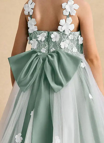 Floryme Satin Tulle Asymmetrical Flower Girl Dress With Bow