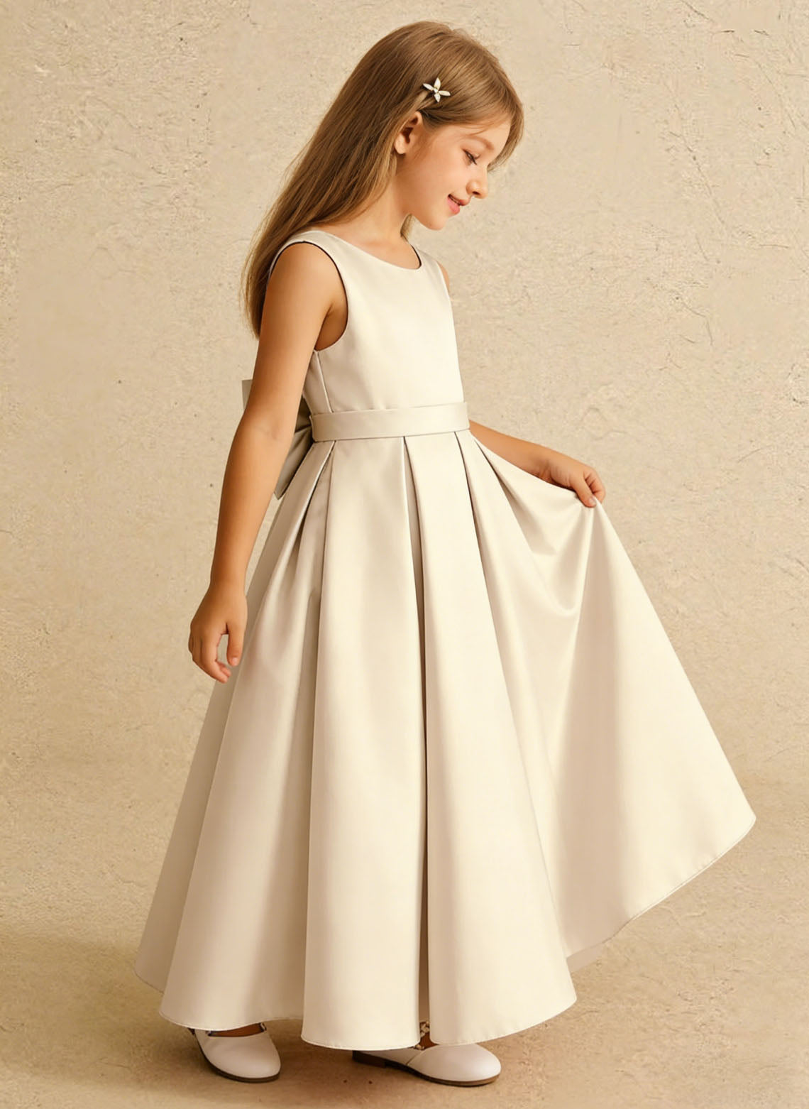 Floryme Satin Ankle-length Flower Girl Dress With Bow