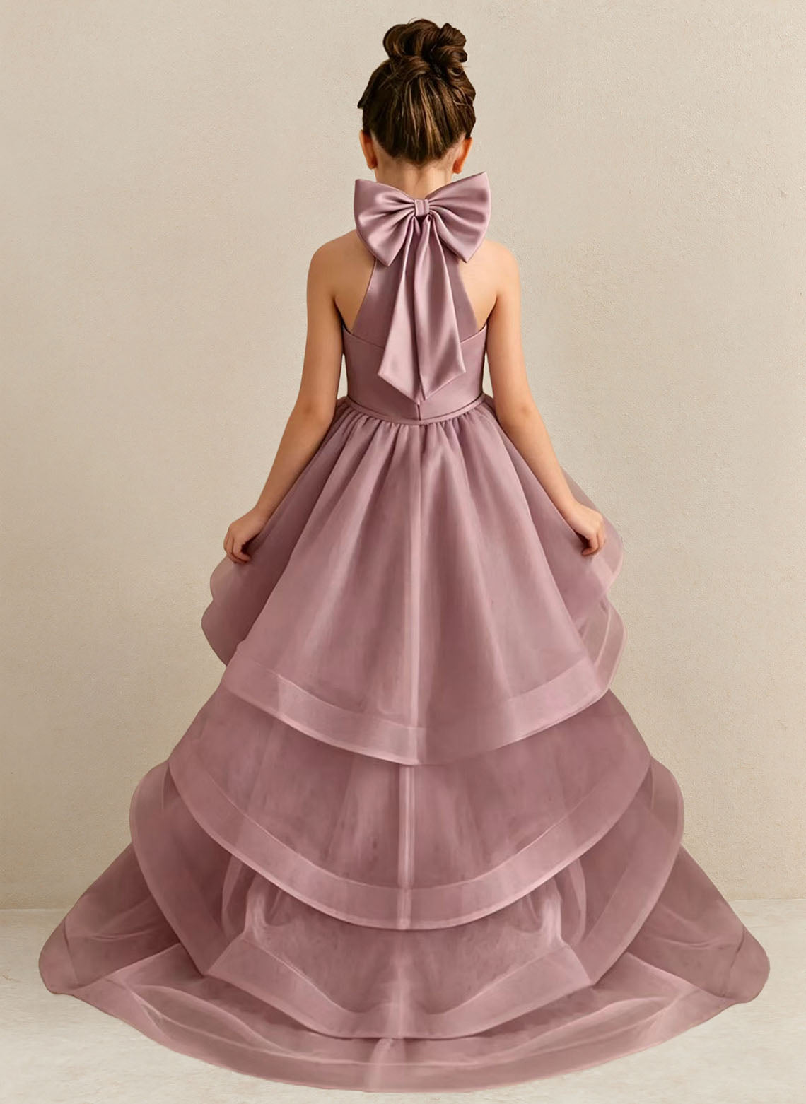 Floryme Satin Tulle Asymmetrical Flower Girl Dress With Bow