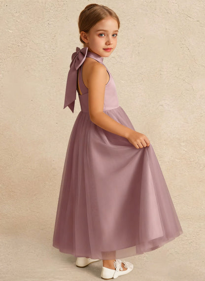 Floryme Satin Tulle Asymmetrical Flower Girl Dress With Bow