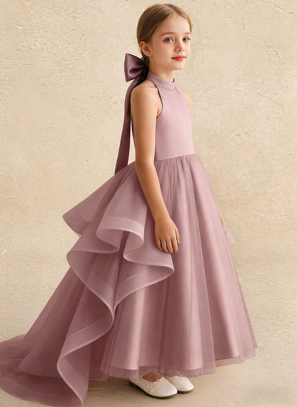 Floryme Satin Tulle Asymmetrical Flower Girl Dress With Bow