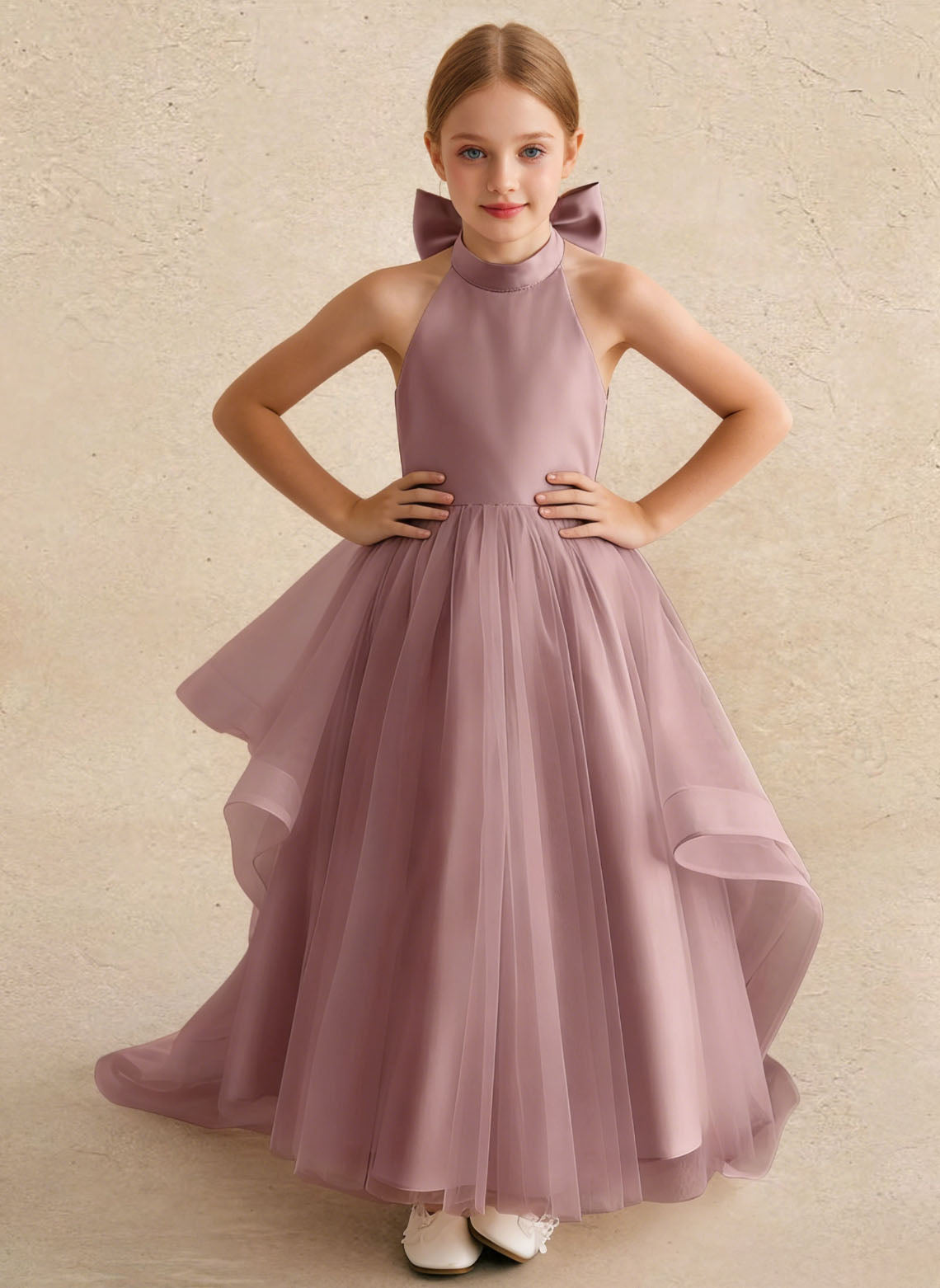 Floryme Satin Tulle Asymmetrical Flower Girl Dress With Bow