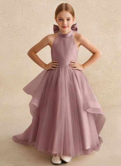 Floryme Satin Tulle Asymmetrical Flower Girl Dress With Bow