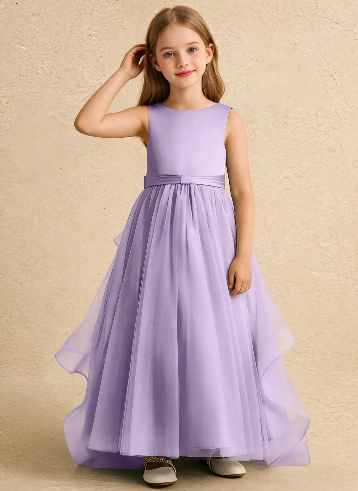 Floryme Satin Tulle Detachable Train Flower Girl Dress With Bow