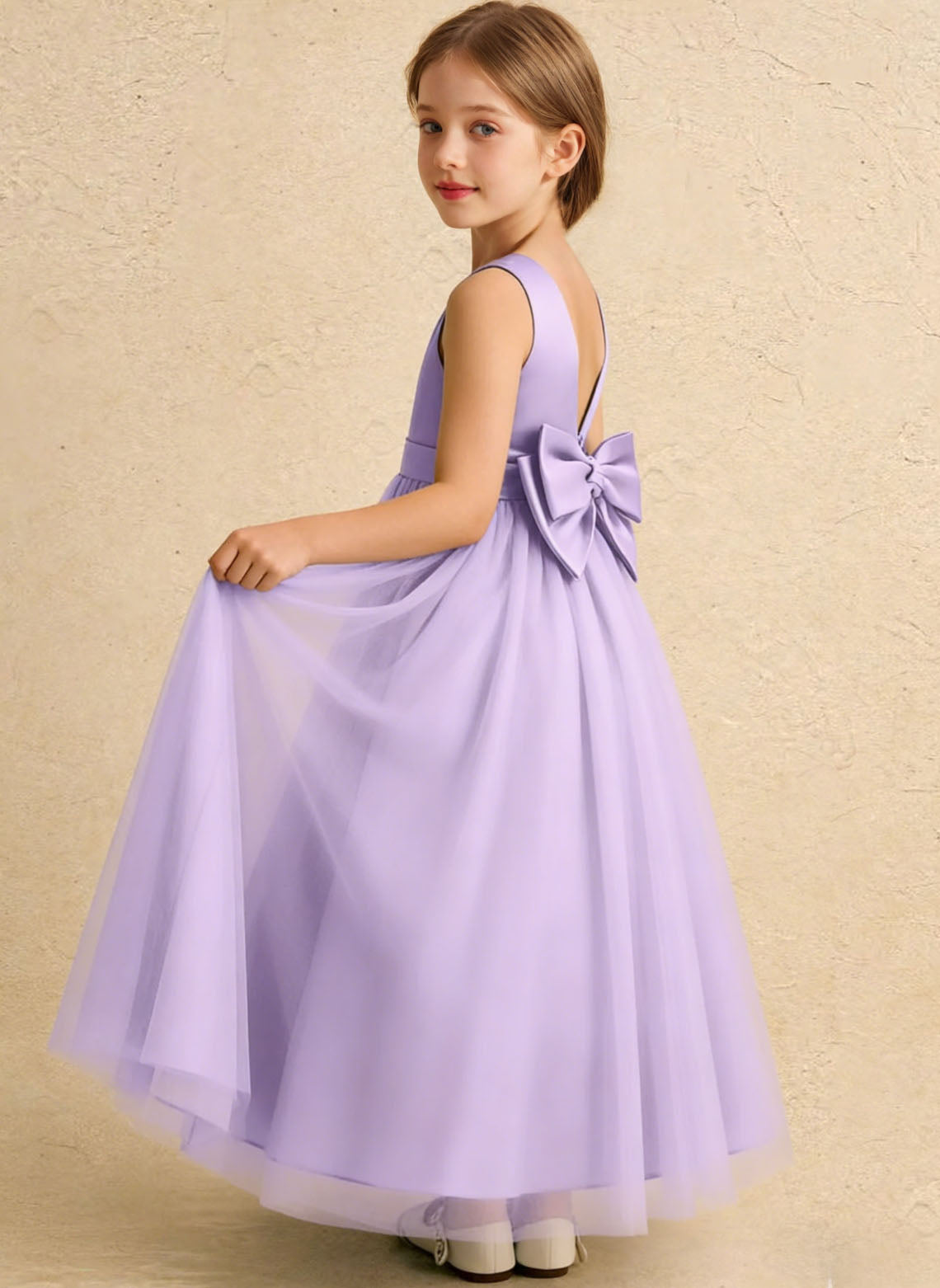 Floryme Satin Tulle Detachable Train Flower Girl Dress With Bow