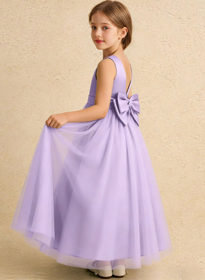 Floryme Satin Tulle Detachable Train Flower Girl Dress With Bow