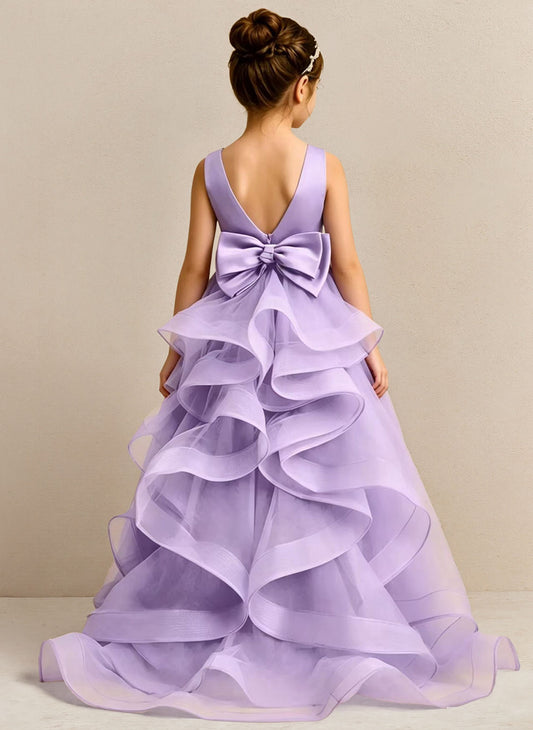Floryme Satin Tulle Detachable Train Flower Girl Dress With Bow