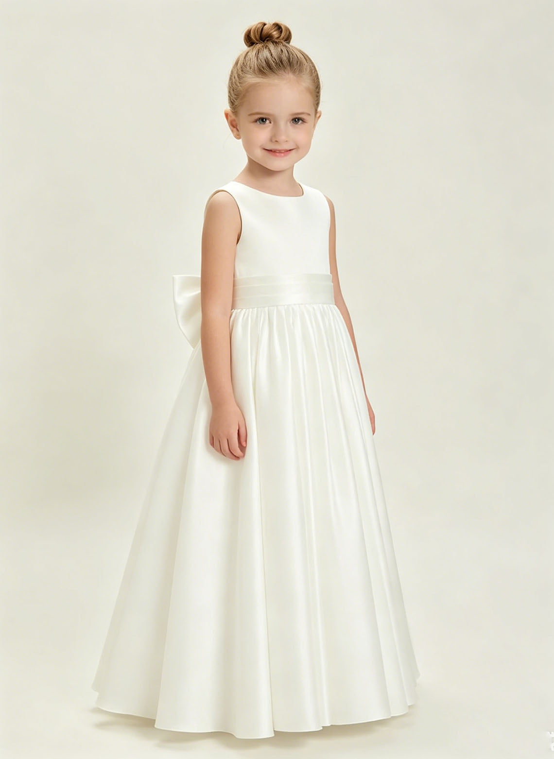 Floryme A-line Scoop Satin Floor-Length Flower Girl Dress With Bow