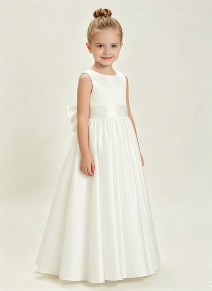 Floryme A-line Scoop Satin Floor-Length Flower Girl Dress With Bow