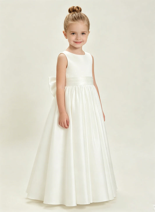Floryme A-line Scoop Satin Floor-Length Flower Girl Dress With Bow