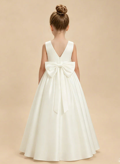 Floryme A-line Scoop Satin Floor-Length Flower Girl Dress With Bow
