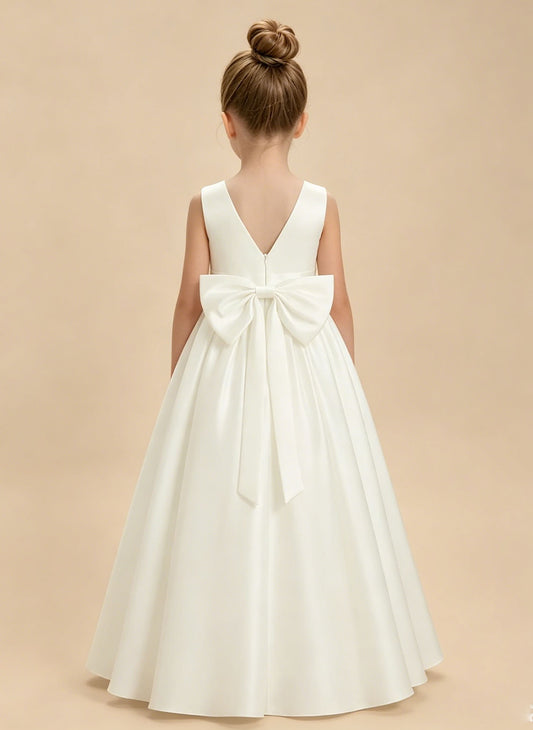 Floryme A-line Scoop Satin Floor-Length Flower Girl Dress With Bow