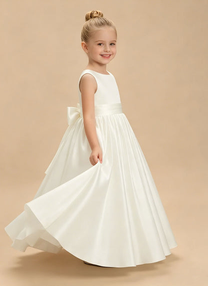 Floryme A-line Scoop Satin Floor-Length Flower Girl Dress With Bow