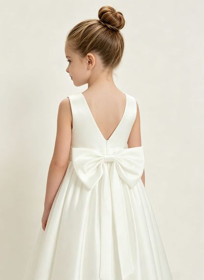 Floryme A-line Scoop Satin Floor-Length Flower Girl Dress With Bow