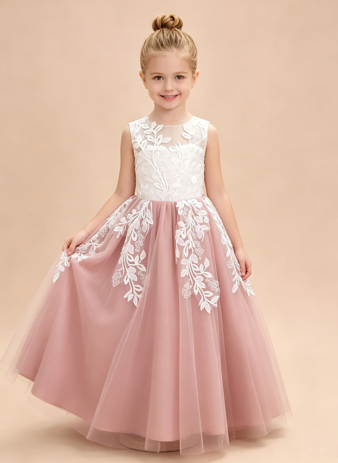 Floryme A-line Scoop Tulle Lace Floor-Length Flower Girl Dress