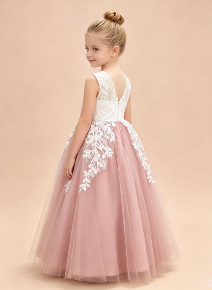 Floryme A-line Scoop Tulle Lace Floor-Length Flower Girl Dress