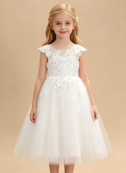 Floryme A-line Scoop Lace Tulle Tea-Length Flower Girl Dress