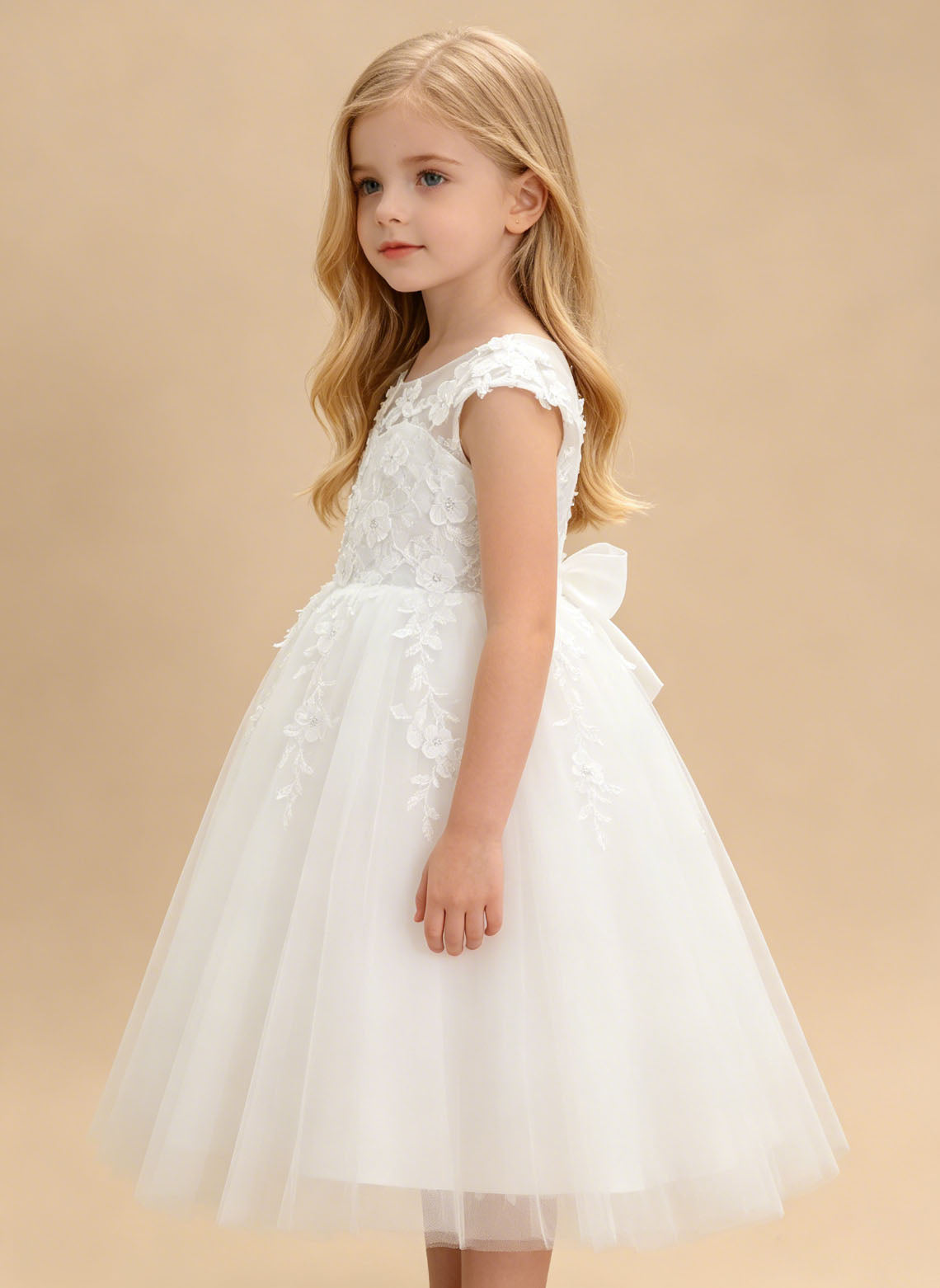 Floryme A-line Scoop Lace Tulle Tea-Length Flower Girl Dress