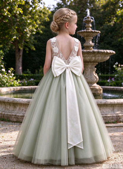 Floryme A-line Scoop Tulle Lace Floor-Length Flower Girl Dress