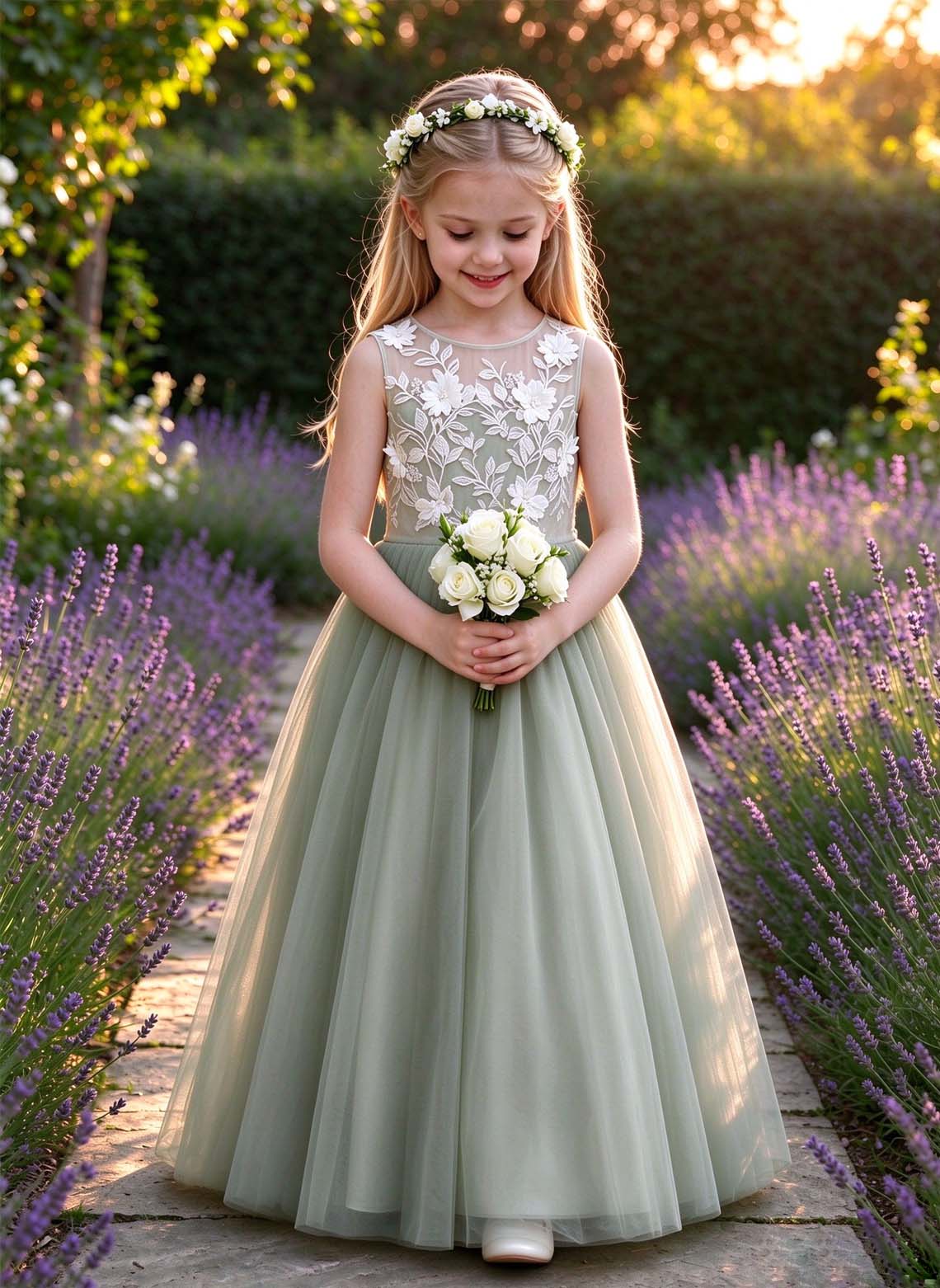Floryme A-line Scoop Tulle Lace Floor-Length Flower Girl Dress